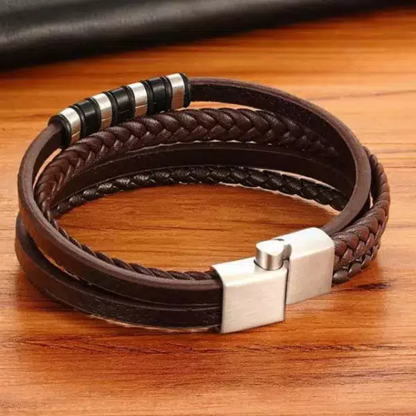 Four Layers Brown Men Leather Bracelet (EGBT032)