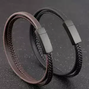 Two Layers Men Black Leather Bracelet (EGBT134)
