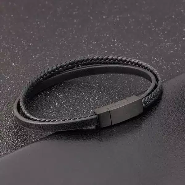 Two Layers Men Black Leather Bracelet (EGBT134)