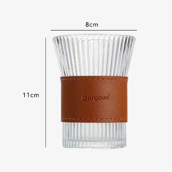 320ml 11oz Vertical Pattern Clear Glass Cup – Whiskey, Coffee, Water Glass Mug with Leather Cup Sleeve