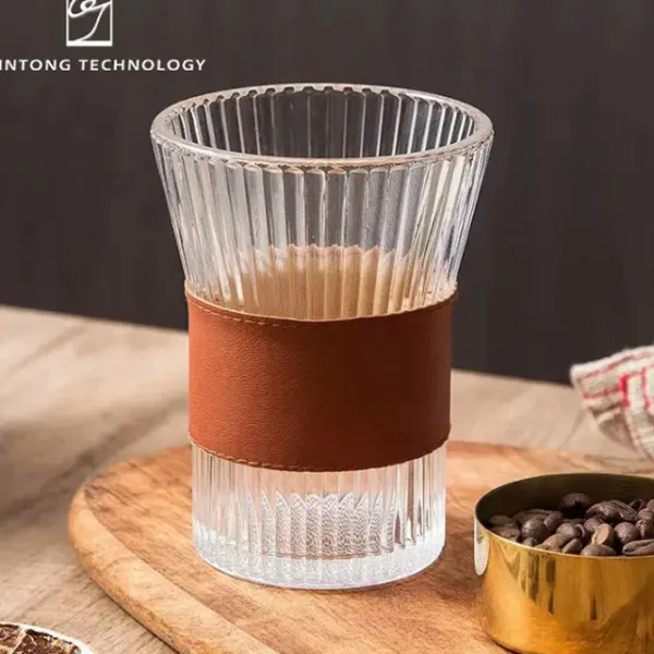 320ml 11oz Vertical Pattern Clear Glass Cup – Whiskey, Coffee, Water Glass Mug with Leather Cup Sleeve