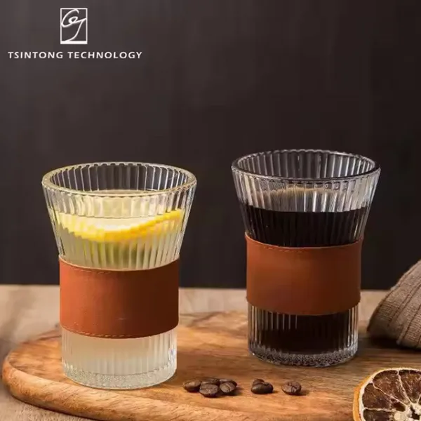 320ml 11oz Vertical Pattern Clear Glass Cup – Whiskey, Coffee, Water Glass Mug with Leather Cup Sleeve