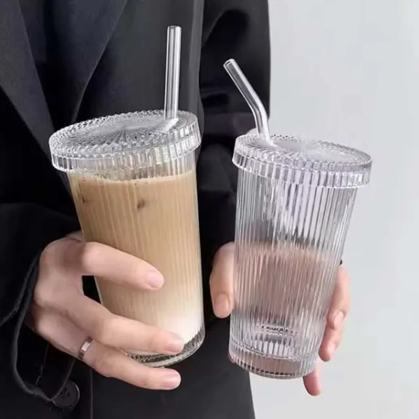 380ml Transparent Bubble Tea Cup with Lid & Straw - Simple Ribbed Vertical Stripes Glass Cup for Adults - Perfect for Festivals