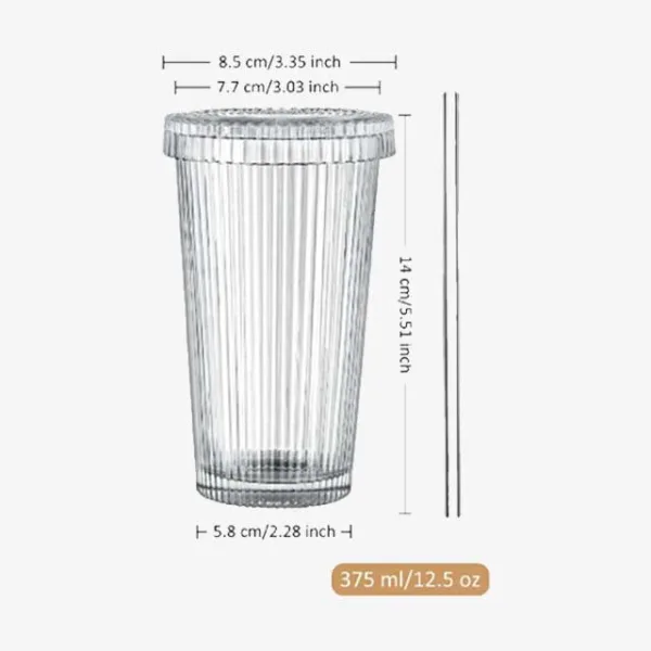 380ml Transparent Bubble Tea Cup with Lid & Straw - Simple Ribbed Vertical Stripes Glass Cup for Adults - Perfect for Festivals