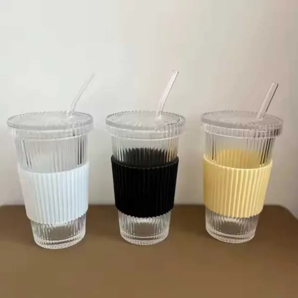 380ml Transparent Bubble Tea Cup with Lid & Straw - Simple Ribbed Vertical Stripes Glass Cup for Adults - Perfect for Festivals