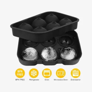 Black Round Silicon Ice Cube Ball Maker Tray - 6 Large Sphere Molds with Lid for Bar & Home Use