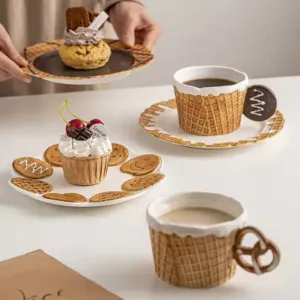 Ceramic Biscuit Shaped Coffee Mug & Plate Set - Cute Breakfast Cappuccino Cup with Dessert Snacks Plate for Tea & Coffee