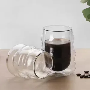 Creative Handmade Lead-free 350ml Wave Shape Double-walled Glass Coffee Cup – Stylish and Insulated Coffee Mug