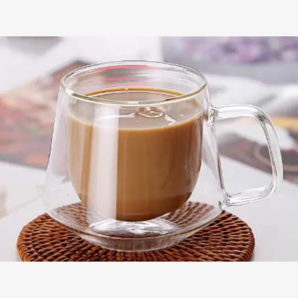 Handmade Mouth-Blown Double Wall Glass Coffee Cup with Handle – Perfect for Breakfast