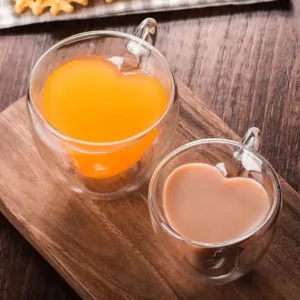 Heart Love Shaped Double Wall Glass Mug – Double Layer Love Heart Tea, Milk, Lemon Juice Cup