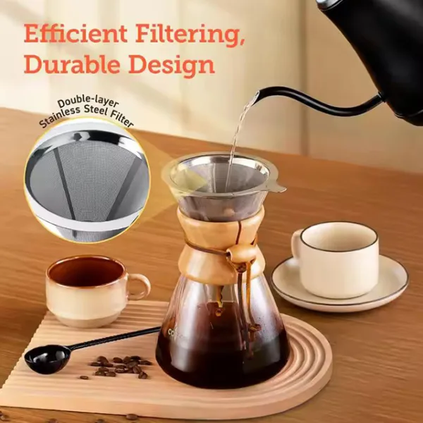 8-Cup Drip Coffee Maker - High Heat Resistant Glass with Double Layer Stainless Steel Filter for Rich Brew