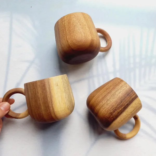 High-Quality Eco-Friendly Wooden Tea & Coffee Cup – Natural Acacia Wood Mugs with Handles from Vietnam