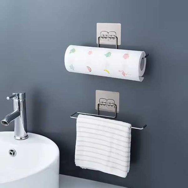 1 Pc Household Bathroom Shelf Towel Rack - Stainless Steel Non-Perforated Wall Hanging Rack for Kitchen, Toilet & Cling Film