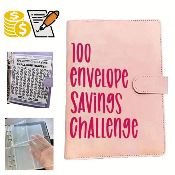 100 Envelope Challenge Binder – Fun & Easy Way to Save $5,050 – Budget Binder with Cash Notebook, 25 Inner Pages & 1 Digital Page for Money-Saving