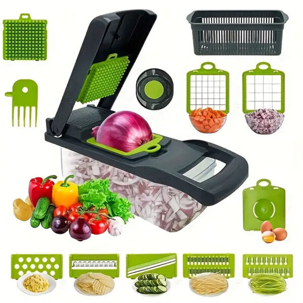 15-in-1 Vegetable Chopper & Slicer Set – Multifunctional Food Cutter, Grater & Onion Mincer with Container & Interchangeable Blades – Essential Kitchen Gadget