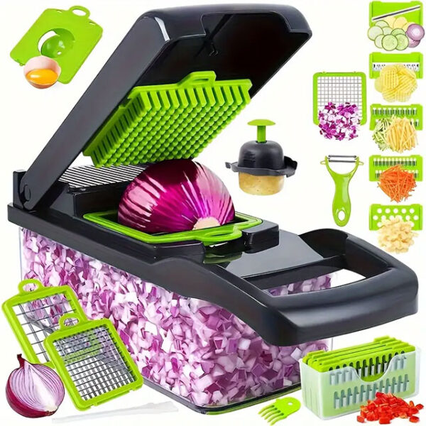 15-in-1 Vegetable Chopper & Slicer Set – Multifunctional Food Cutter, Grater & Onion Mincer with Container & Interchangeable Blades – Essential Kitchen Gadget