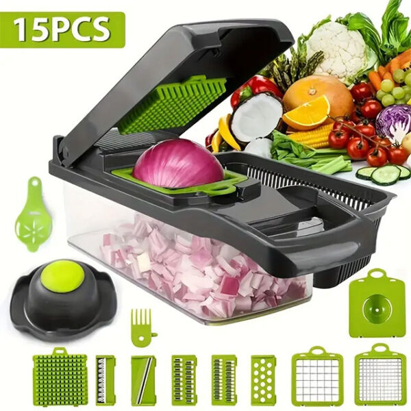 15-in-1 Vegetable Chopper & Slicer Set – Multifunctional Food Cutter, Grater & Onion Mincer with Container & Interchangeable Blades – Essential Kitchen Gadget