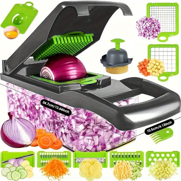 15-in-1 Vegetable Chopper & Slicer Set – Multifunctional Food Cutter, Grater & Onion Mincer with Container & Interchangeable Blades – Essential Kitchen Gadget