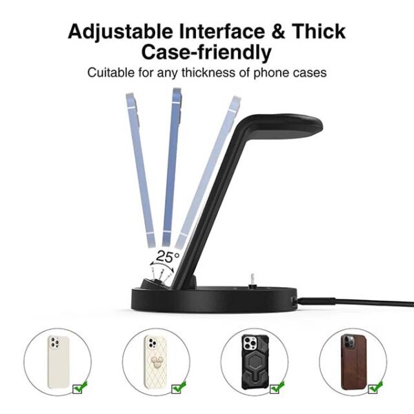 3-in-1 Fast Wireless Charging Dock for iPhone, Apple Watch & AirPods – Multi-Device Charging Station Compatible with iPhone 14/13/12/11 Pro, X Max, XS, XR, 8, 7 Plus & Apple Watch Series 7/6/SE/5/4/3/2 with Adapter