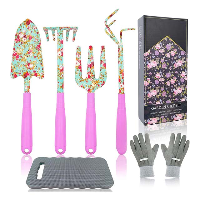 6PCS Gardening Tool Set – Heavy-Duty Floral Print Garden Tools with Non-Slip Handles, Includes Trowel, Fork, Rake, Cultivator, Gloves & Kneeling Pad