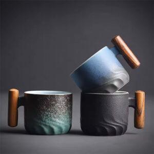 80ML Handmade Ceramic Coffee Cup – Office Tea Mug with Filter & Wooden Handle, Perfect Birthday Gift