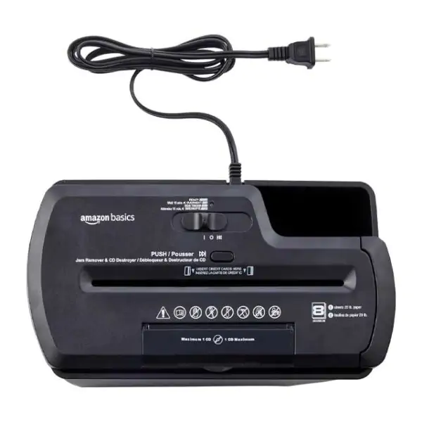 AmazonBasics 8-Sheet Strip-Cut Paper Shredder – Shreds CDs, Credit Cards & Documents for Secure Disposal