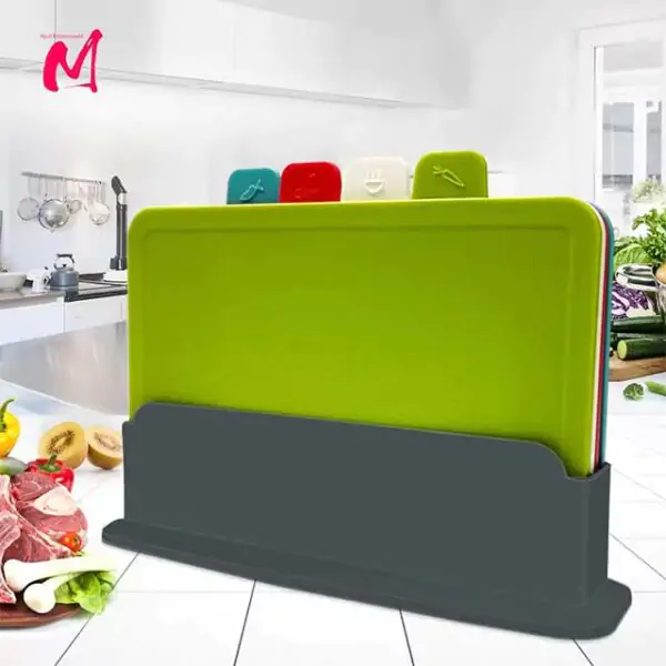 4-Piece Cutting Board Set with Holder – Anti-Bacterial, Dishwasher-Safe Plastic Chopping Blocks for Kitchen