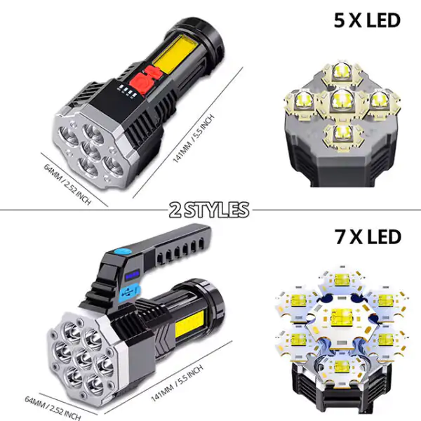 High-Power Rechargeable LED Flashlight – 7LED Camping Torch with COB Side Light, Lightweight & Durable for Outdoor Use
