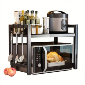 LANTUTU Expandable Microwave Oven Rack – 2-Tier Stainless Steel Countertop Organizer with 6 Hooks for Kitchen Storage – Perfect Mother’s Day Gift
