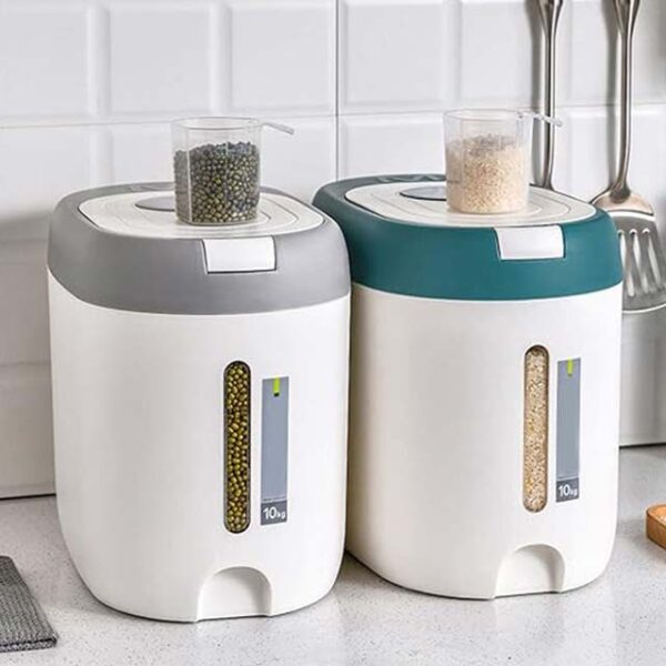 10kg Rice Dispenser Bucket – Moisture-Proof Airtight Grain & Food Storage Container with Measuring Cup, Household Organizer, Grey