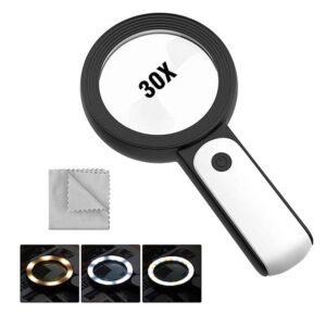MoKo Magnifying Glass with Light – 30X Handheld Large Magnifying Glass 18LED 3 Modes Illuminated Lighted Magnifier for Elderly Kids Reading, Magazines, Coin, Jewelry, Exploring Inspection
