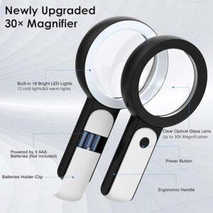 MoKo Magnifying Glass with Light – 30X Handheld Large Magnifying Glass 18LED 3 Modes Illuminated Lighted Magnifier for Elderly Kids Reading, Magazines, Coin, Jewelry, Exploring Inspection