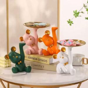 Orange Light Luxury Bear Tray | Entrance Shoe Cabinet & Key Storage Tray | 17x15cm Resin Decor for Living Room & Office Desktop