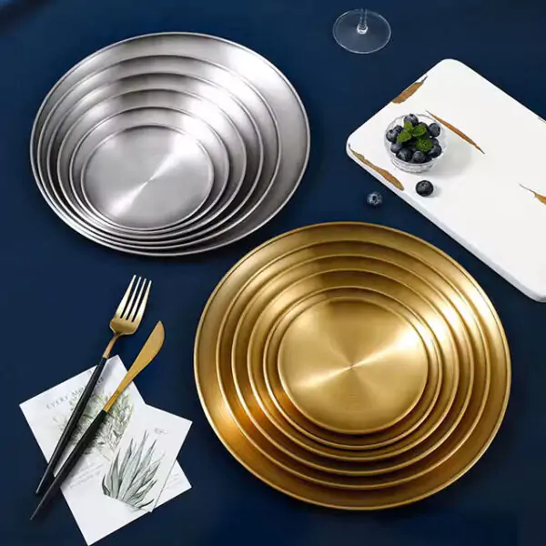Premium Thickened Stainless Steel Golden Round Tray – Flat Bottom Shallow Plate for Fruits, Cakes, BBQ & More