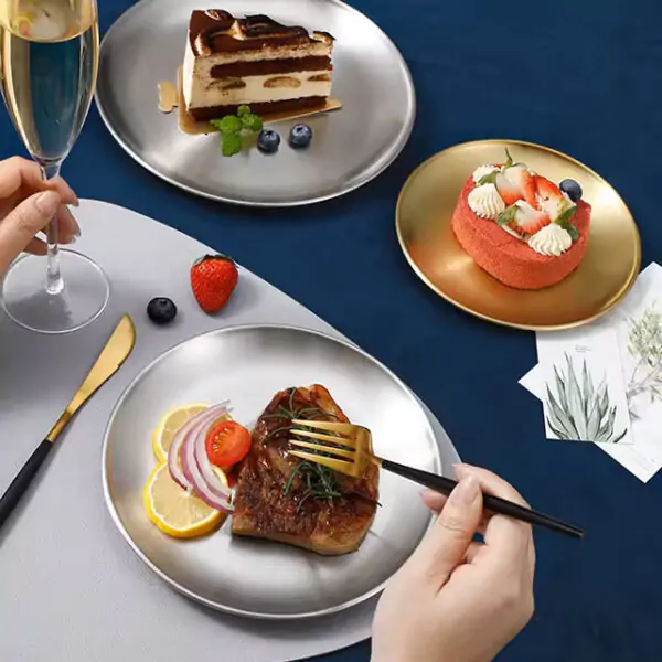 Premium Thickened Stainless Steel Golden Round Tray – Flat Bottom Shallow Plate for Fruits, Cakes, BBQ & More - Image 3