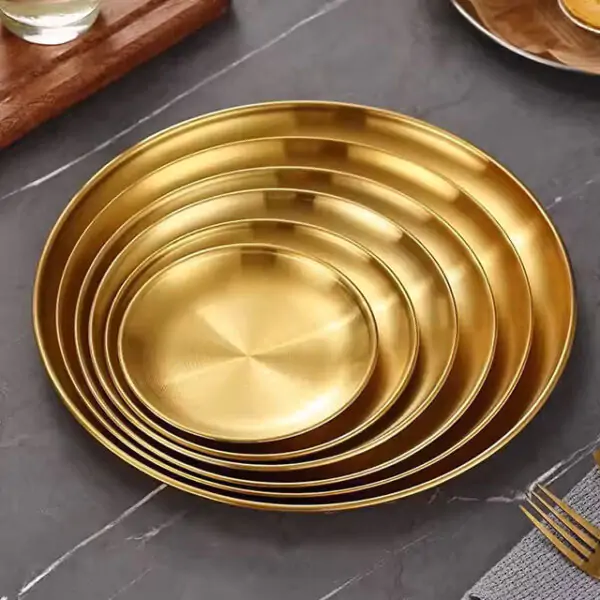 Premium Thickened Stainless Steel Golden Round Tray – Flat Bottom Shallow Plate for Fruits, Cakes, BBQ & More