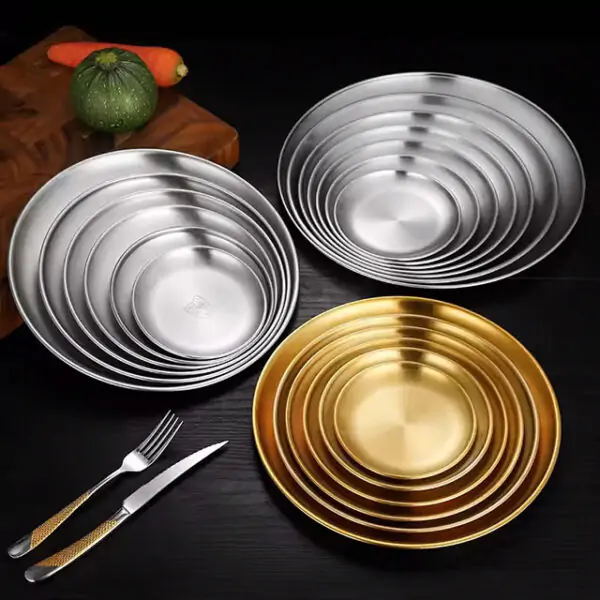 Premium Thickened Stainless Steel Golden Round Tray – Flat Bottom Shallow Plate for Fruits, Cakes, BBQ & More - Image 5