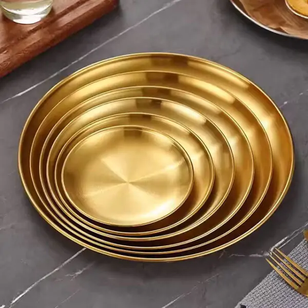Premium Thickened Stainless Steel Golden Round Tray – Flat Bottom Shallow Plate for Fruits, Cakes, BBQ & More