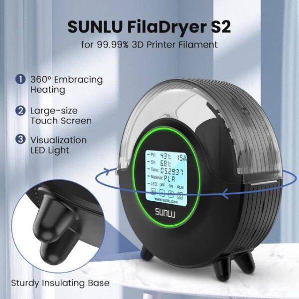 SUNLU Official 3D Printer Filament Dryer S2 with Built-in Fan, Filament Storage Dehydrator for PLA, Nylon, ABS, PETG (1.75/2.85/3.00mm), Black