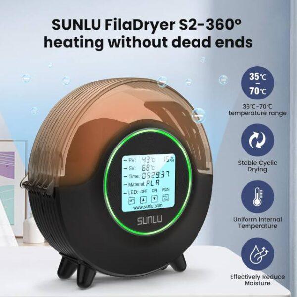 SUNLU Official 3D Printer Filament Dryer S2 with Built-in Fan, Filament Storage Dehydrator for PLA, Nylon, ABS, PETG (1.75/2.85/3.00mm), Black
