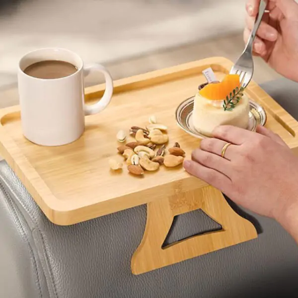 Solid Wood Rotating Sofa Armrest Tray – Double-Layer Multi-Purpose Sofa Table Tray for Drinks & Snacks