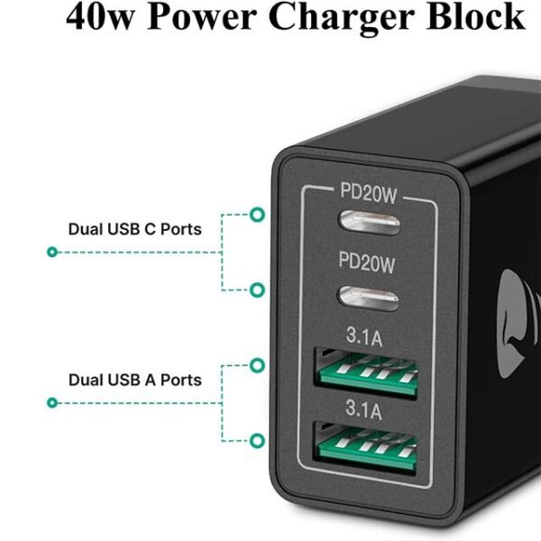 USB C Charger Block - 40W USB C Wall Charger PD+QC 3.0 Double Port Power Adapter - 4-Port Multiport Fast Charging Block Plug for iPhone 15 Plus 14 13 12 11 Pro Max XS XR X 8 7 6 SE - iPad - Samsung - Moto