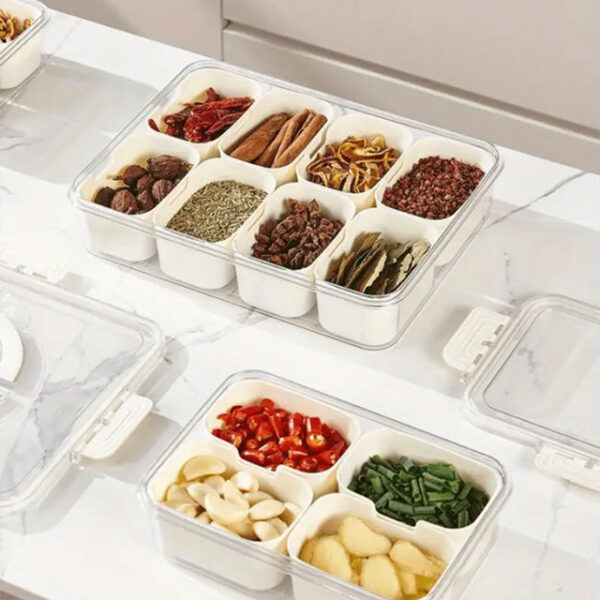 Versatile Spice Organizer with 4/8 Compartments – Moisture-Proof, Reusable Seasoning Box for Salt, Pepper & Condiments – Transparent Flip-Top Kitchen Storage Container