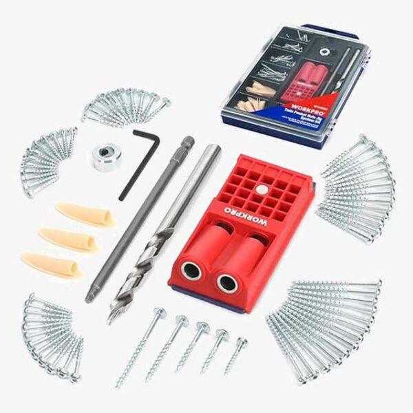 WORKPRO 125-Piece Drill Jig Kit – Full Pocket Hole Jig with 100 Self-Tapping Screws & 20 Plugs, Oblique Hole Positioner for Woodworking & Carpentry Projects