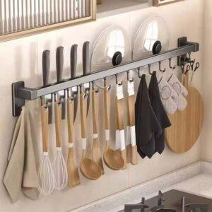 Wall-Mounted Aluminum Kitchen Rack – Movable Hook Organizer for Spoons, Spatulas & Utensils