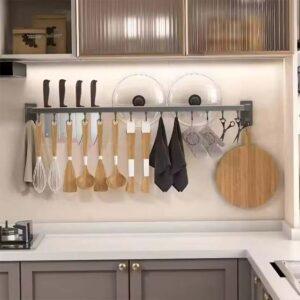 Wall-Mounted Aluminum Kitchen Rack – Movable Hook Organizer for Spoons, Spatulas & Utensils