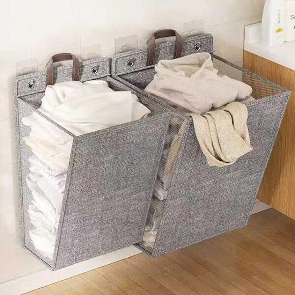 1pc Foldable Adhesive Laundry Basket Hamper – Multifunctional Punch-Free Wall Hanging Mesh Hook Organizer for Washing Clothes