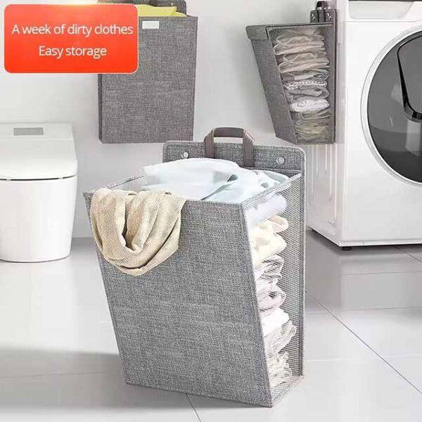 1pc Foldable Adhesive Laundry Basket Hamper – Multifunctional Punch-Free Wall Hanging Mesh Hook Organizer for Washing Clothes