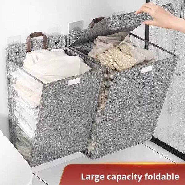 1pc Foldable Adhesive Laundry Basket Hamper – Multifunctional Punch-Free Wall Hanging Mesh Hook Organizer for Washing Clothes