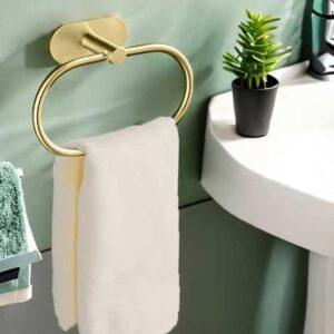 Stainless Steel Towel Holder - Self-Adhesive Bathroom Towel Rack, Black Washhand Hanger Ring Bar for Kitchen & Bathroom Storage
